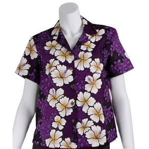 Purple Hibiscus Panel Crop Camp Blouse(269-kr4711)