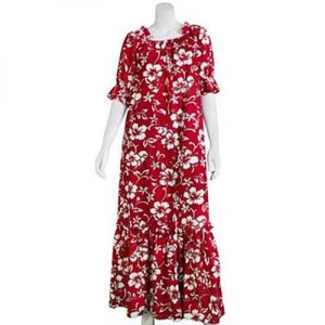 Classic Hibiscus Pareo Print Lorraine Long Muu Muu(626-p1272) ~ Red