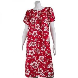 Classic Hibiscus Pareo Tulip Sleeve Short Muu Muu(449-p1272) ~ Red