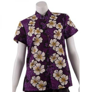 Purple Hibiscus Panel Mandarin Blouse