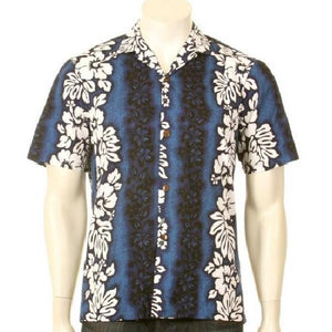 Hibiscus Pareo Panel Aloha Shirt ~ Blue