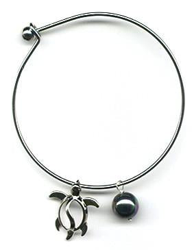 Black Mother of Pearl and Honu Charm Bangle Bracelet