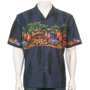 Men's Woody Chestband Hawaiian Shirt ~ Navy