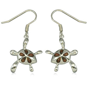 Sterling Silver Hawaiian Koa Wood Plumeria Honu Earrings