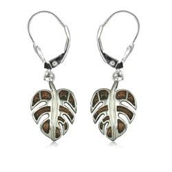 Sterling Silver Fancy Hawaiian Koa Wood Monstera Leaf Earrings