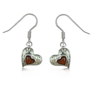 Sterling Silver Koa Wood Engraved Heart Shaped Dangle Earrings