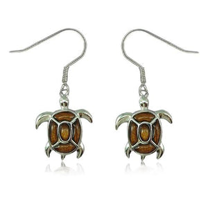 Sterling Silver Koa Wood Fancy Sea Turtle Dangle Earrings