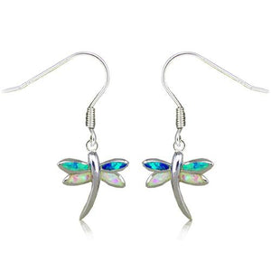 Sterling Silver Rainbow Opal Dragonfly Dangle Earrings