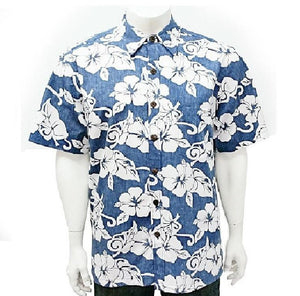 Men's Hibiscus Reverse Print Cotton Aloha Shirt (H73615) ~ Blue