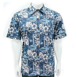 Men's Pastel Hibiscus Reverse Print Aloha Shirt (H73379)~ Navy