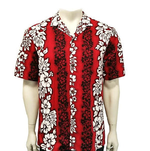 Hibiscus Pareo Panel Aloha Shirt ~ Red