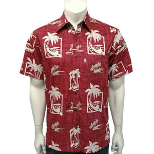 Men's Palm Canoe Reverse Print Aloha Shirt73 (H73870)~ Burgundy