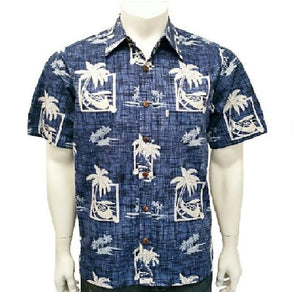 Men's Palm Canoe Reverse Print Aloha Shirt (H73870)~ Navy