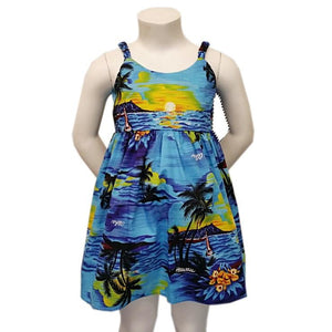 Toddler Girls Palm Tree Elastic Strap Dress (42206)~ Blue