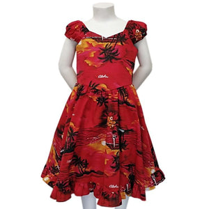 Girls Ruffle Hem Palm Tree Sundress(40406) ~ Red