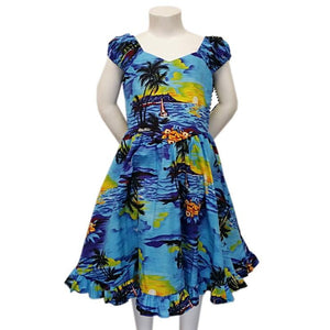 Girls Ruffle Hem Palm Tree Sundress(40406) ~ Blue