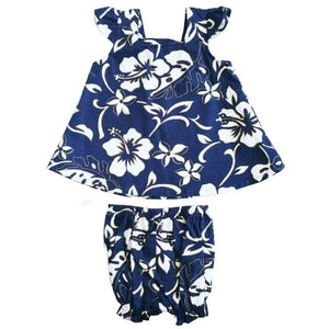 Classic Hibiscus Pareo Girls Cap Sleeve Set(825-p1272) ~ Navy