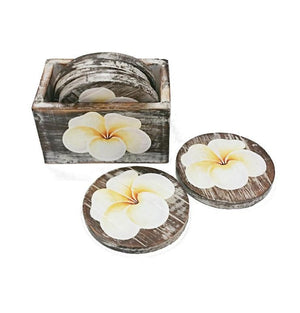 Hand Painted Plumeria Wooden Coaster Set