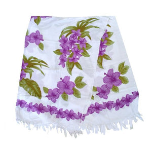 Purple Plumeria Border Long Sarong - White