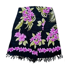 Purple Plumeria Border Long Sarong - Black