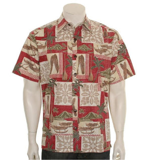 Men's Quilt Canoe Reverse Print Aloha Shirt (H73087)~ Red