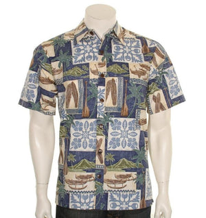 Men's Quilt Canoe Reverse Print  Aloha Shirt (H73087)~ Navy