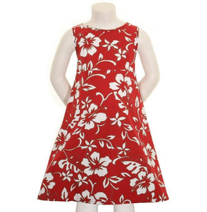 Classic Hibiscus Pareo Girls Key Hole Dress(818-p1272) ~ Red