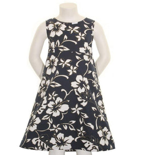 Classic Hibiscus Pareo Girls Key Hole Dress (818-p1272)~ Navy