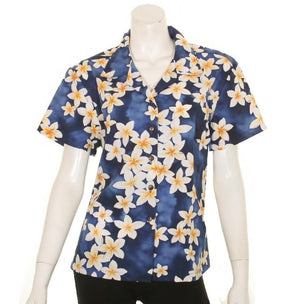 Women's Plumeria Camp Blouse ~ Blue