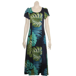 Monstera Palm Fronds  ~  Navy "Kimi"2 Tulip Sleeve Ladies Rayon Dress