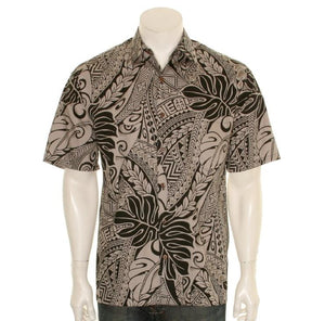 Tribal Monstera Cotton Men's Aloha Shirt  ~  Brown