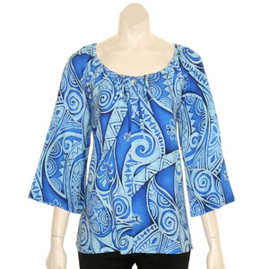 Hilo Hattie Tribal Wave Rayon Peasant Blouse 3/4 sleeve - Blue