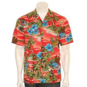 Vintage Woody Cotton Men's Aloha Shirt ~ Red