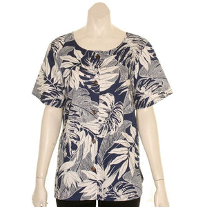 Women's Cotton Monstera  Round Neck Top ~ Navy