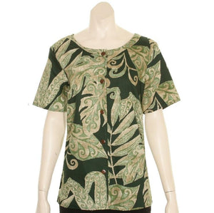 Women's Cotton Leafy Ferns Round Neck Top ~ Green