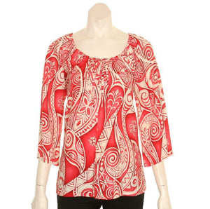 Hilo Hattie Tribal Wave Rayon Peasant Blouse 3/4 sleeve - Red