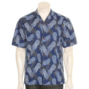 Hilo Hattie Pineapple upside-down Poly Cotton Men's Aloha Shirt ~ Blue