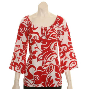 Monstera Swirl  Peasant Top 3/4 Sleeve ~ Red/White