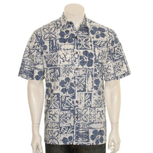 Blocky Tapa Classic Sandcloth ™ Reverse Print Full Placket Aloha Shirt(543-p91191) - Blue