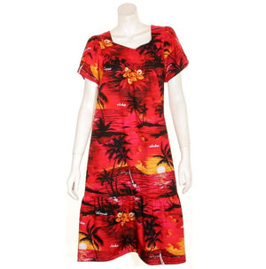 Tulip Sleeve Zipper Back Short Muu Muu ~ Palm Tree  Red