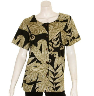 Women's Cotton Leafy Ferns Round Neck Top ~ Black