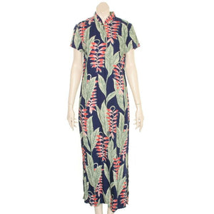 Hilo Hatte  Heliconia Garden  Mandarin Long  Dress (605p-TT70117)-Navy