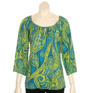 Hilo Hattie Tribal Wave Rayon Peasant Blouse 3/4 sleeve - Teal