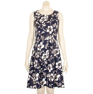 Classic Hibiscus Pareo Short Sleeveless Bias Dress(434-p1272) ~ Navy