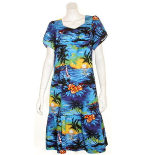 Tulip Sleeve Zipper Back Short Muu Muu ~ Palm Tree  Blue