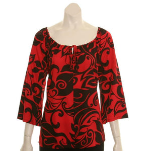 Monstera Swirl  Peasant Top 3/4 Sleeve ~ Red/Black