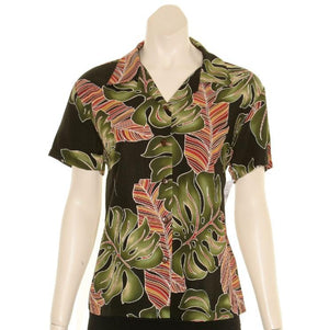 Hilo Hattie Monstera Women's Camp Blouse(W20504) ~ Black