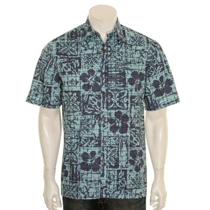 Blocky Tapa Classic Sandcloth ™ Reverse Print Full Placket Aloha Shirt(543-p91191) - Royal/Teal