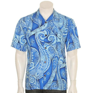 Tribal Wave Aloha Shirt - Blue