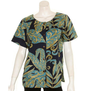 Women's Cotton Leafy Ferns Round Neck Top ~ Navy